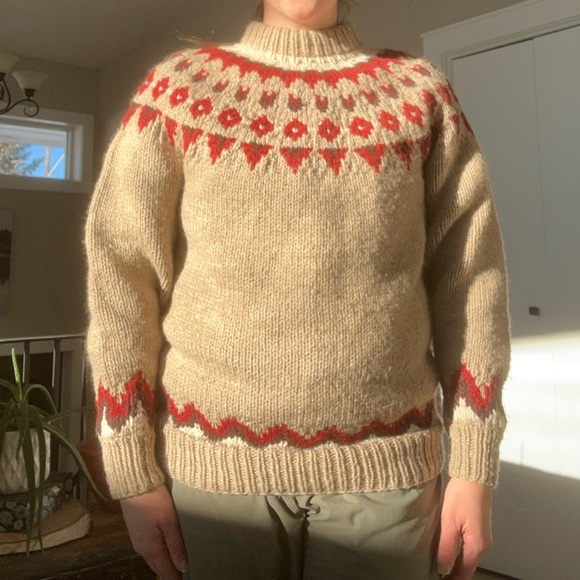 HAND KNIT Wool Fair Isle Oatmeal Nordic Chunky Knit Crew Neck Sweater - Picture 6 of 6